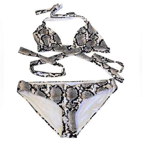 Vitamin A bikini size Med snake print cream black crisscross top - Picture 1 of 5